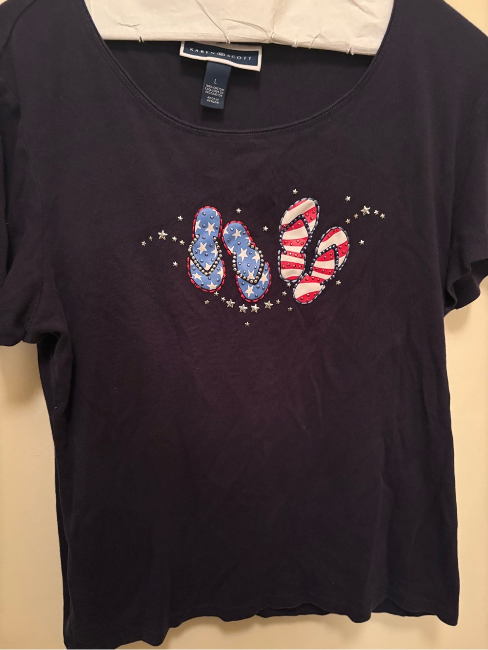 Karen Scott Navy Short-Sleeve Tee with Patriotic Flip-Flop Motif